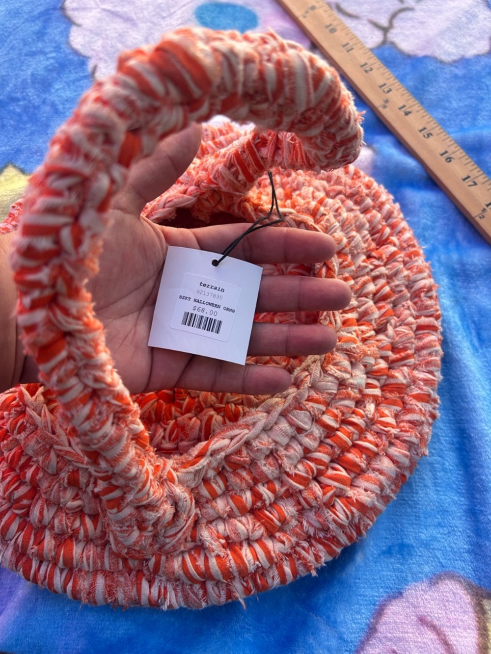 Anthropologie Handwoven Orange & Cream Knit Basket